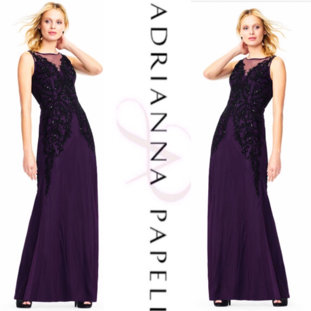 Adrianna Papell beaded sheer neckline sleeveless long gown - Picture 1 of 3